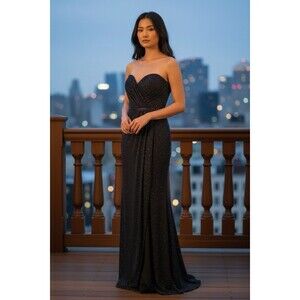 Vicky Tiel Black Sequin Strapless Evening Gown Dress Size 8 Long Formal HOCO